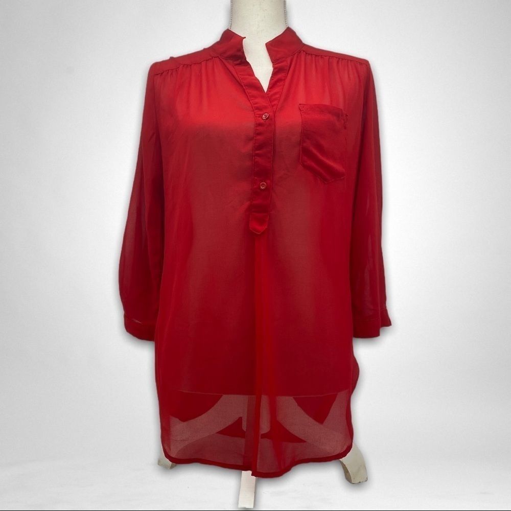 Xtaren Red Sheer 3/4 Length Sleeve Tunic Womens Small